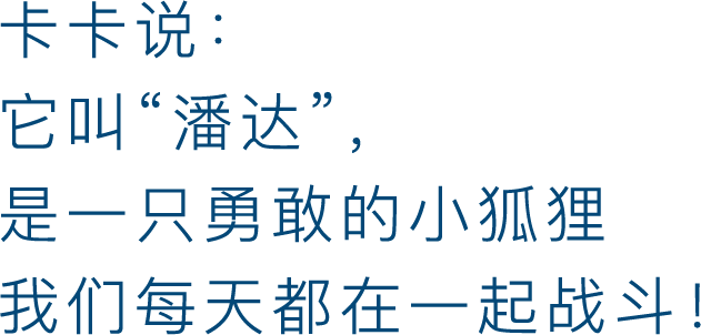 卡卡说：它叫“潘达”，是一只勇敢的小狐狸，我们每天都在一起战斗！